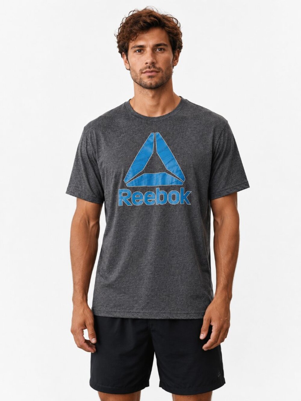 Reebok Men's XL Graphic T-Shirt Gray Blue Logo Short Sleeve Athletic Tee